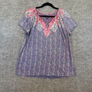 Lucky Brand Shirt Womens 2XL XXL Blue Floral Tshirt Bohemian Plus Size